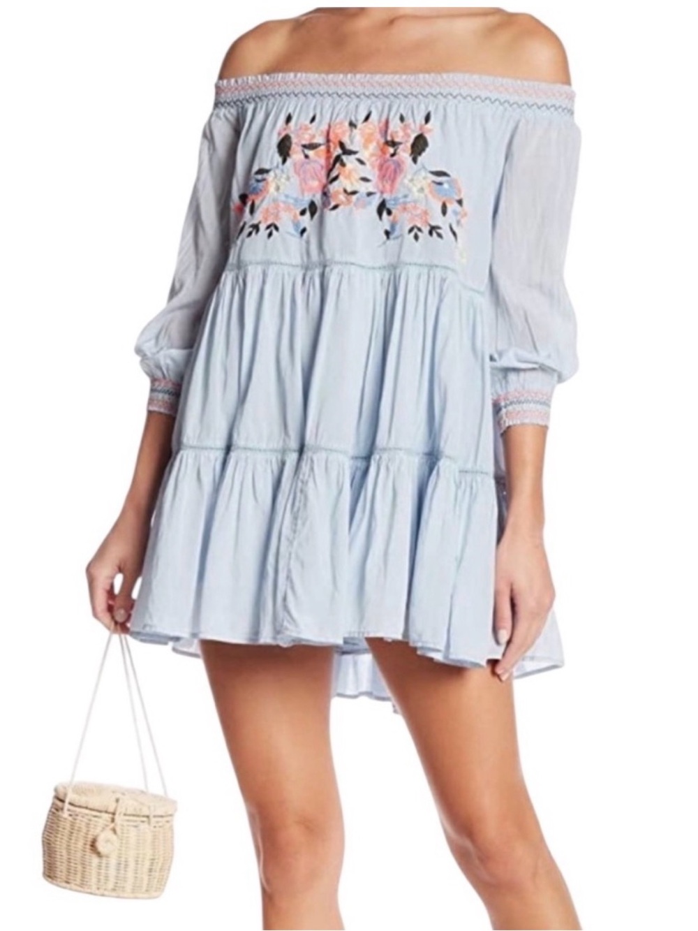 Free People Sunbeams Off-Shoulder Embroidered Tiered Mini Dress